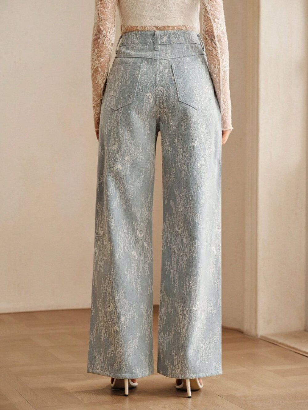 Blue Casual Women's High Waist Wide Leg Lace Denim Jeans - Picture 2 of 6